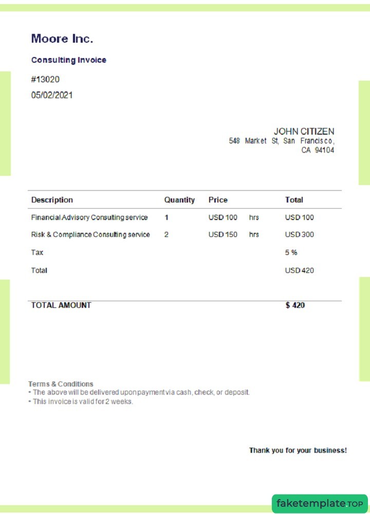 Feature of fake USA Moore Inc. invoice example